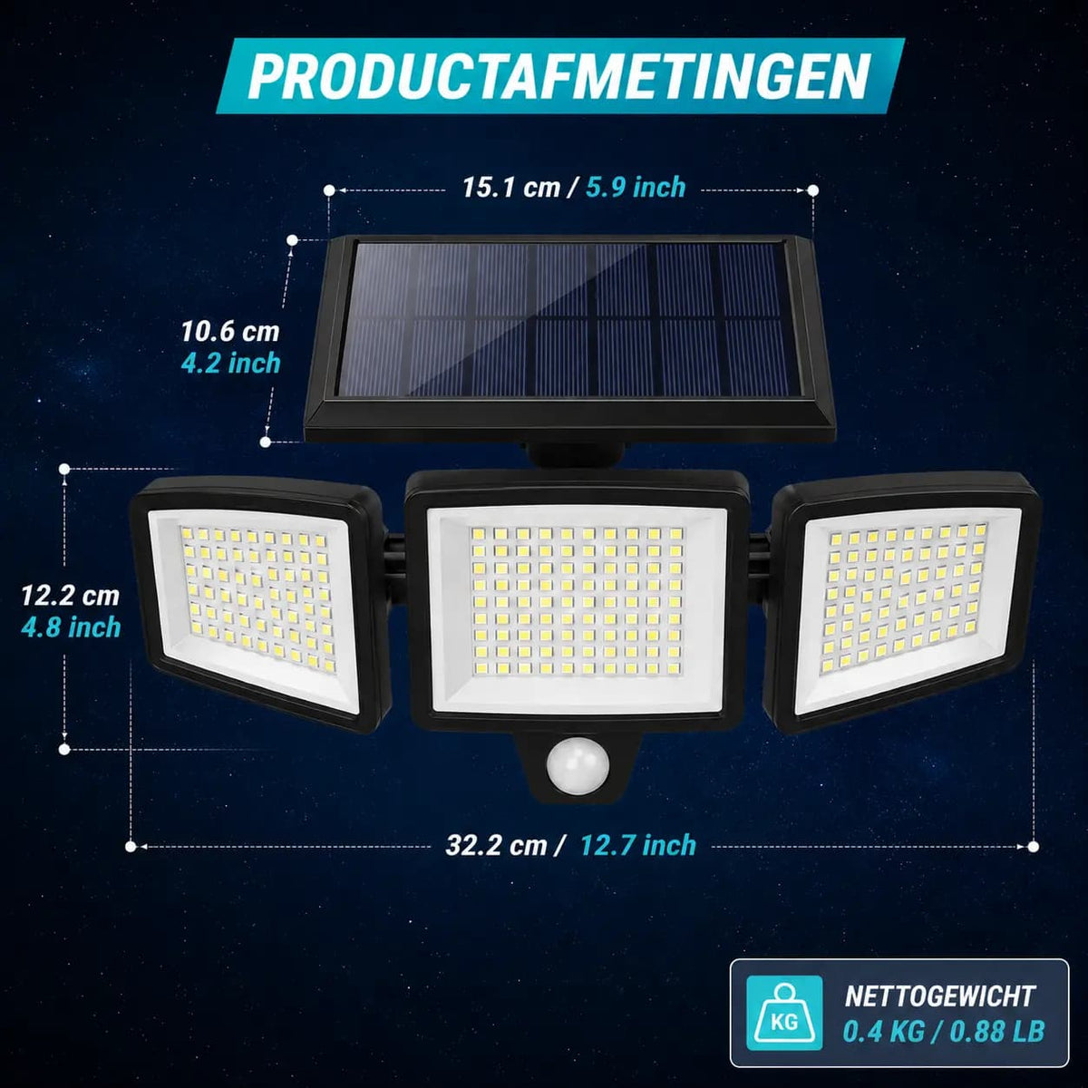 VELISEE Solar Buitenlamp 210 LED – Veiligheidslamp met 3 Lichtkoppen, Bewegingssensor, Afstandsbediening & IP65