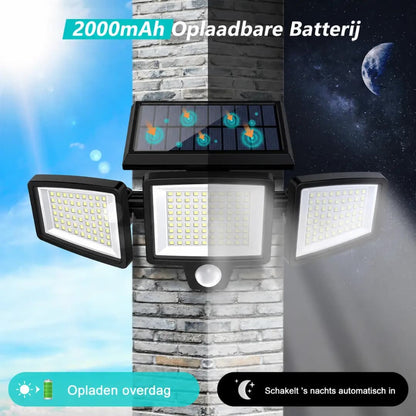 VELISEE Solar Buitenlamp 210 LED – Veiligheidslamp met 3 Lichtkoppen, Bewegingssensor, Afstandsbediening & IP65