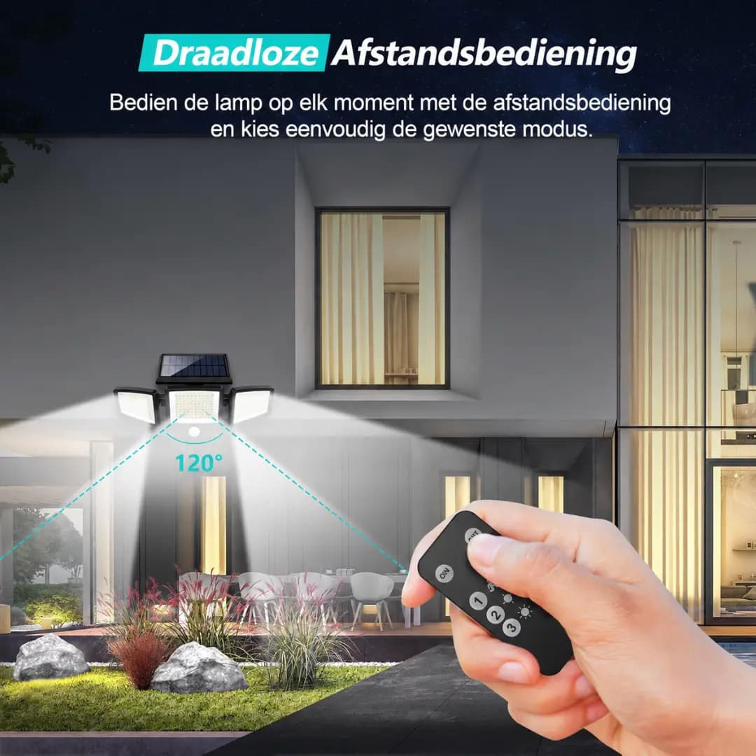 VELISEE Solar Buitenlamp 210 LED – Veiligheidslamp met 3 Lichtkoppen, Bewegingssensor, Afstandsbediening & IP65