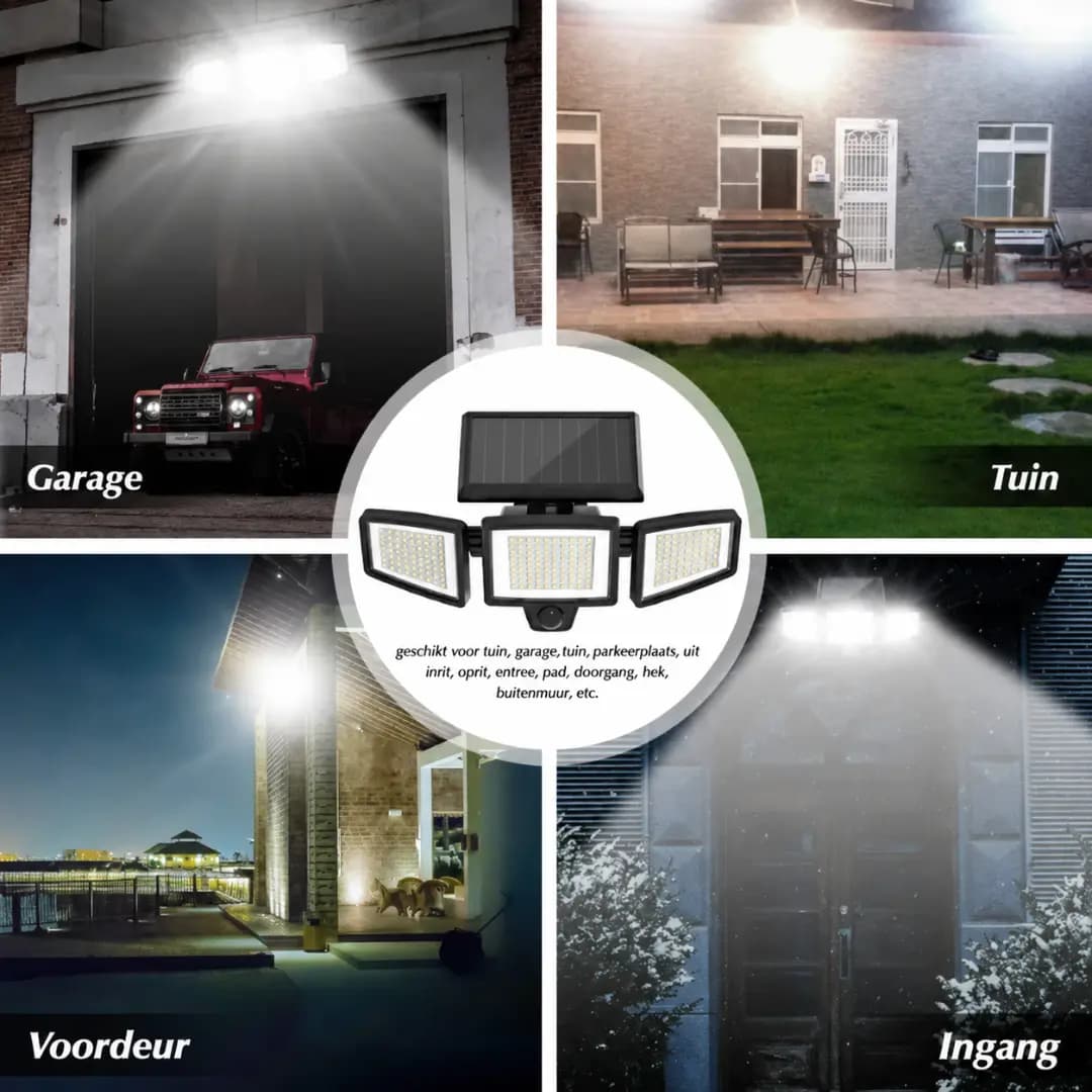 VELISEE Solar Buitenlamp 210 LED – Veiligheidslamp met 3 Lichtkoppen, Bewegingssensor, Afstandsbediening & IP65