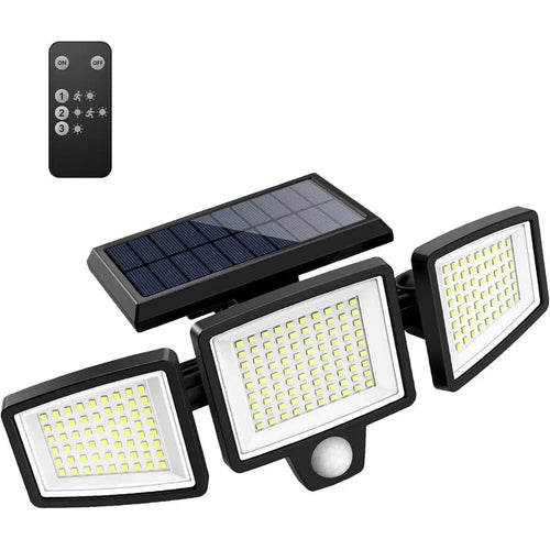 VELISEE Solcellsdriven utomhuslampa 210 LED – Säkerhetslampa med 3 ljushuvuden, rörelsesensor, fjärrkontroll & IP65