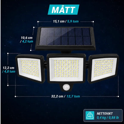 VELISEE Solcellsdriven utomhuslampa 210 LED – Säkerhetslampa med 3 ljushuvuden, rörelsesensor, fjärrkontroll & IP65