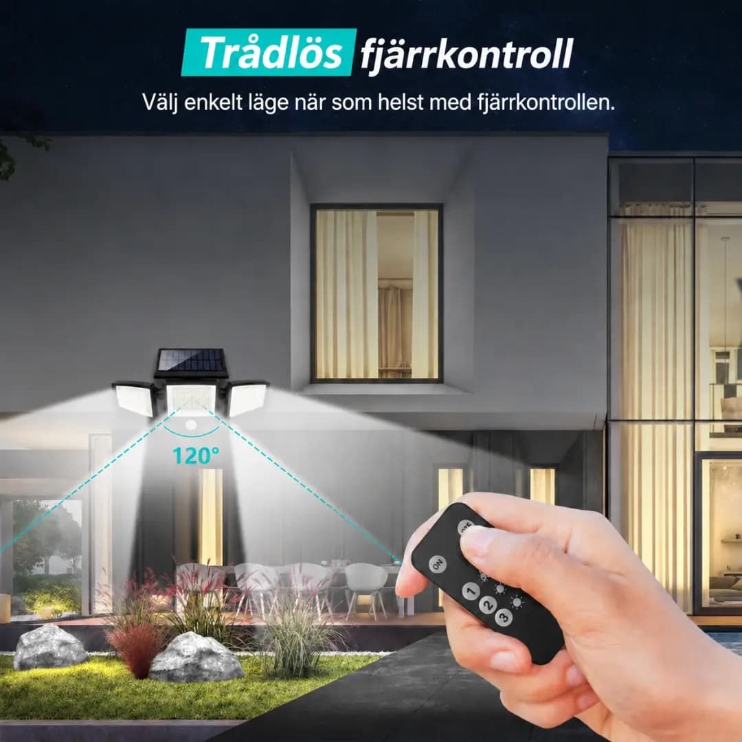 VELISEE Solcellsdriven utomhuslampa 210 LED – Säkerhetslampa med 3 ljushuvuden, rörelsesensor, fjärrkontroll & IP65