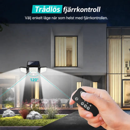 VELISEE Solcellsdriven utomhuslampa 210 LED – Säkerhetslampa med 3 ljushuvuden, rörelsesensor, fjärrkontroll & IP65