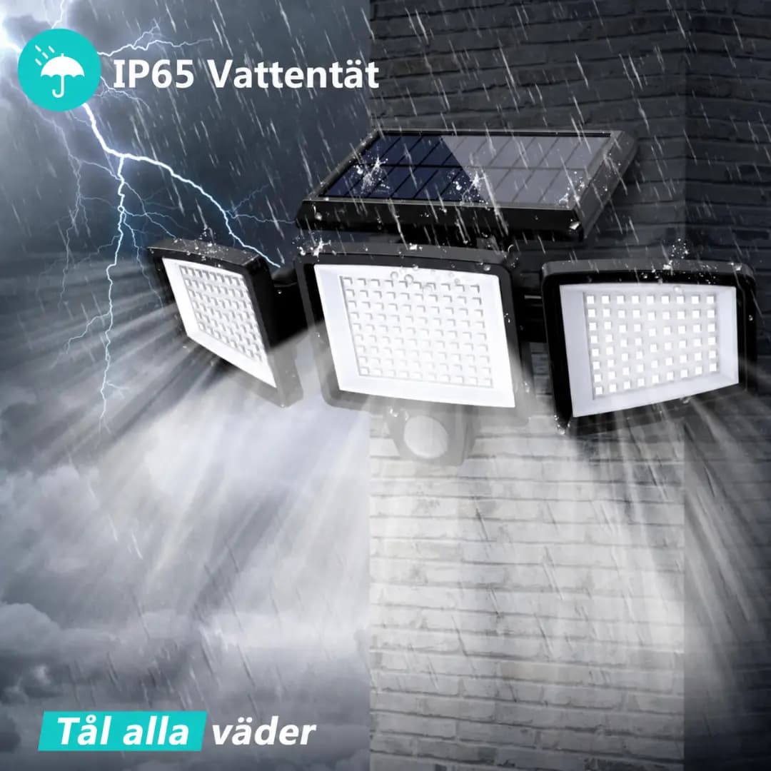 VELISEE Solcellsdriven utomhuslampa 210 LED – Säkerhetslampa med 3 ljushuvuden, rörelsesensor, fjärrkontroll & IP65