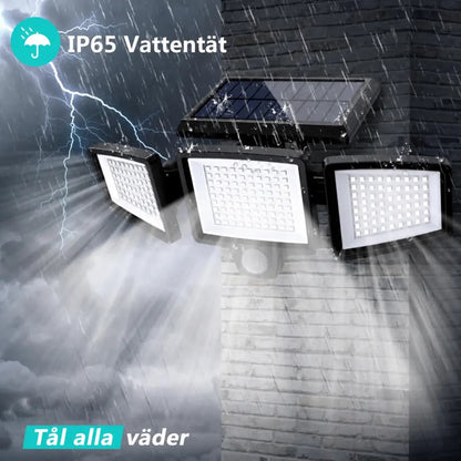 VELISEE Solcellsdriven utomhuslampa 210 LED – Säkerhetslampa med 3 ljushuvuden, rörelsesensor, fjärrkontroll & IP65