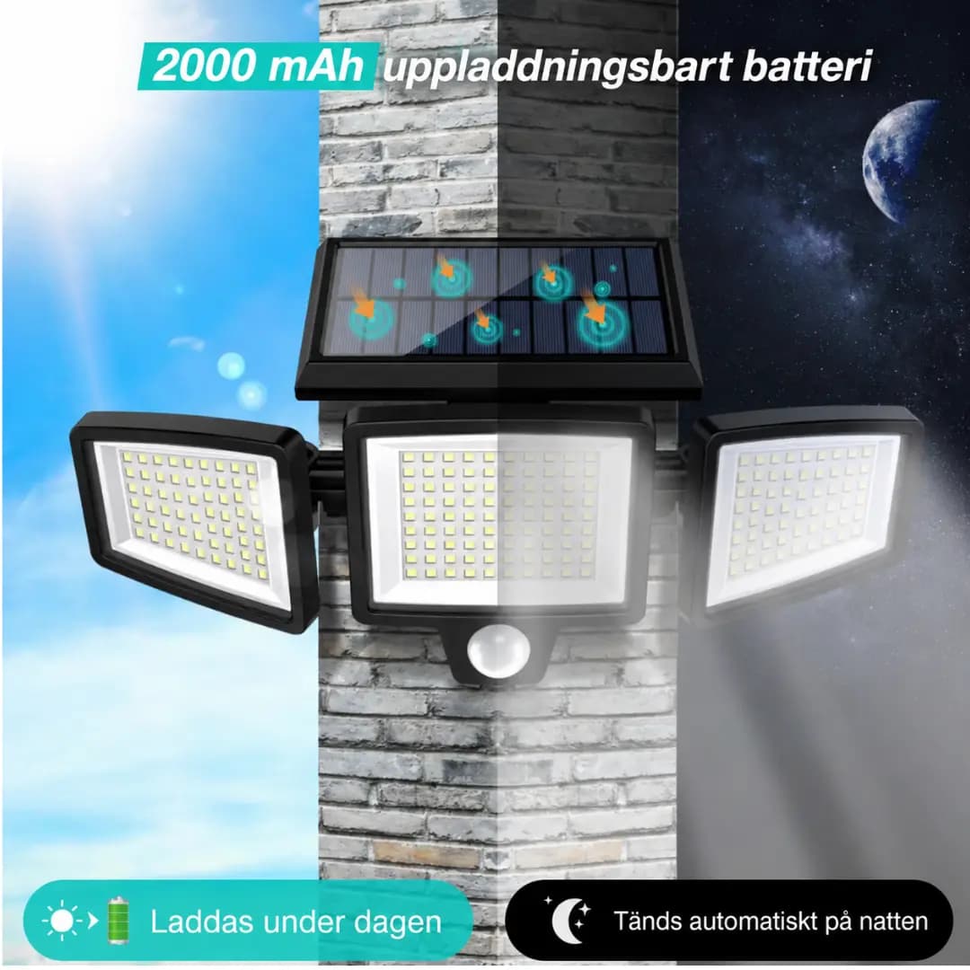 VELISEE Solcellsdriven utomhuslampa 210 LED – Säkerhetslampa med 3 ljushuvuden, rörelsesensor, fjärrkontroll & IP65