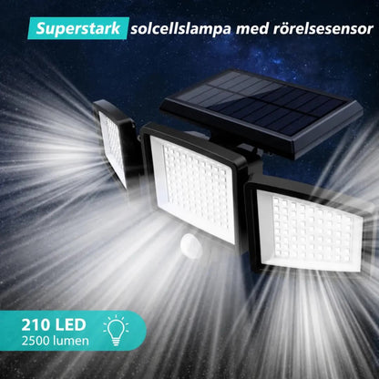 VELISEE Solcellsdriven utomhuslampa 210 LED – Säkerhetslampa med 3 ljushuvuden, rörelsesensor, fjärrkontroll & IP65