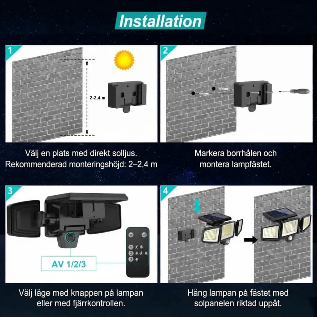VELISEE Solcellsdriven utomhuslampa 210 LED – Säkerhetslampa med 3 ljushuvuden, rörelsesensor, fjärrkontroll & IP65