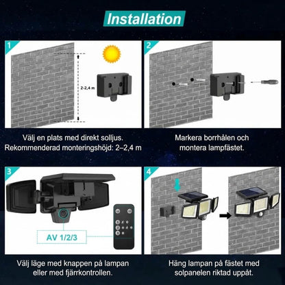 VELISEE Solcellsdriven utomhuslampa 210 LED – Säkerhetslampa med 3 ljushuvuden, rörelsesensor, fjärrkontroll & IP65